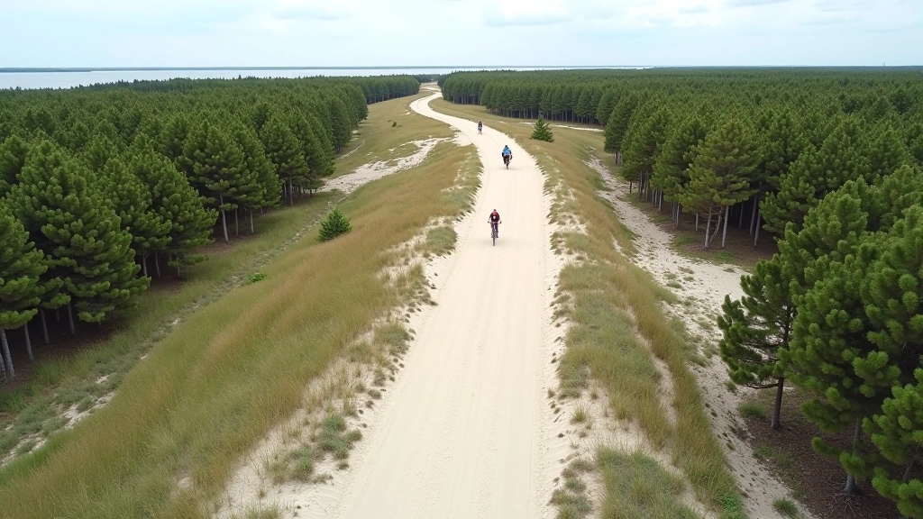 Aerial view of white sand dunes with pine forest, Saulkrasti coastal landscape showing flat terrain perfect for cycling routes
