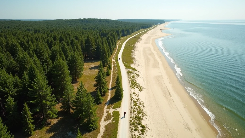 Aerial view of coastal bike path with white sand dunes visible alongside pine forest landscape