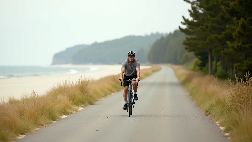 Cyclist riding on paved path with white sand dune to the left and pine forest to the right, morning light, coastal landscape