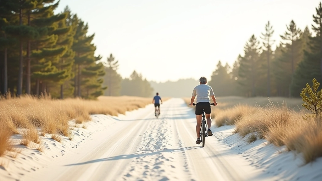 Scenic view of wide flat cycling path winding through white sand dunes with pine forest on both sides