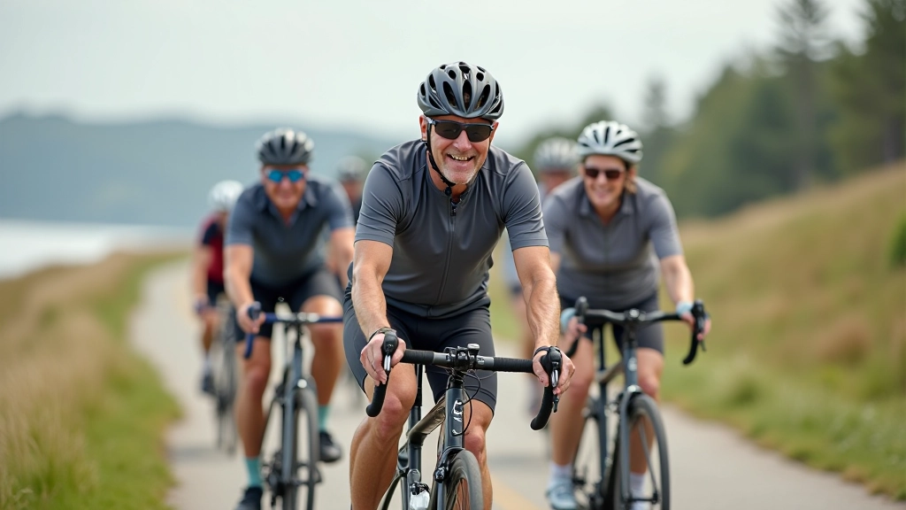 Group of mature cyclists on a coastal path with bikes