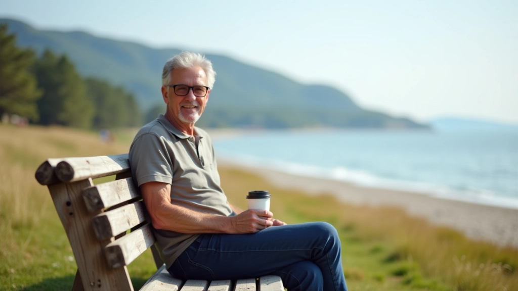 Cyclist resting on a bench by the coast with a coffee