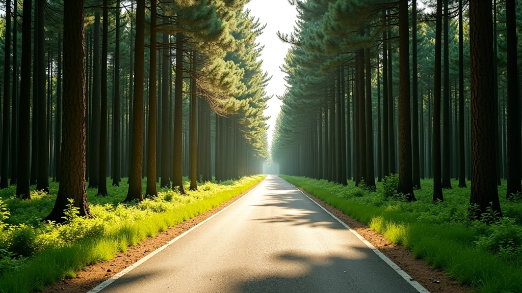 Dense pine forest with cycling path running through it, dappled light filtering through canopy, serene woodland environment