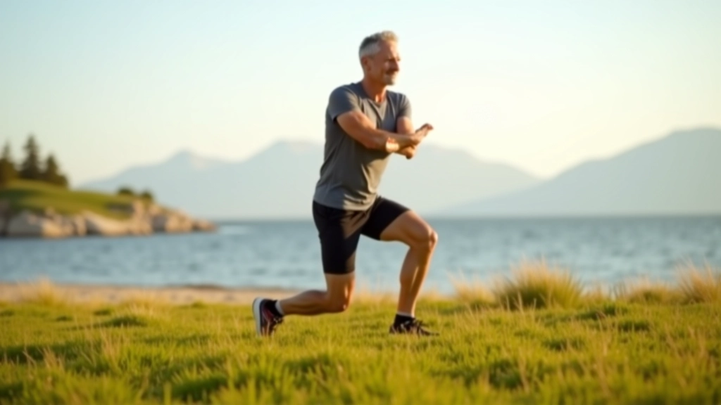 Person stretching hamstrings on grass near water, morning light, stretching routine