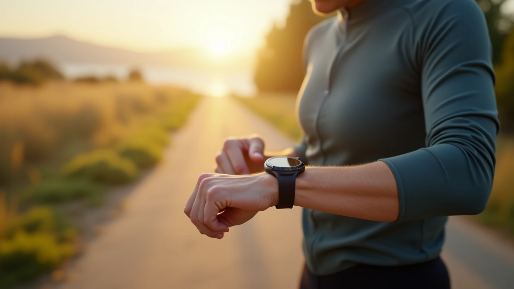 Person checking heart rate monitor on wrist during cycling break, rest period