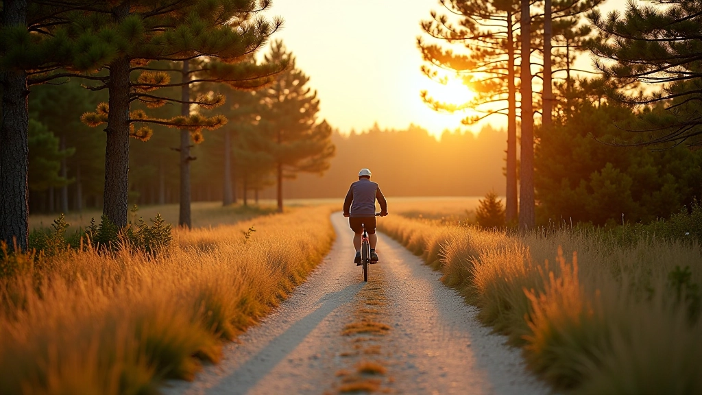 Scenic cycling path through Saulkrasti pine forest with white sand dunes visible in background, peaceful seaside landscape