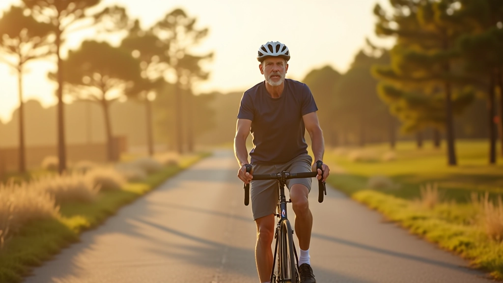 Senior cyclist enjoying a peaceful ride along the coastal pine forest path with white sand dunes visible