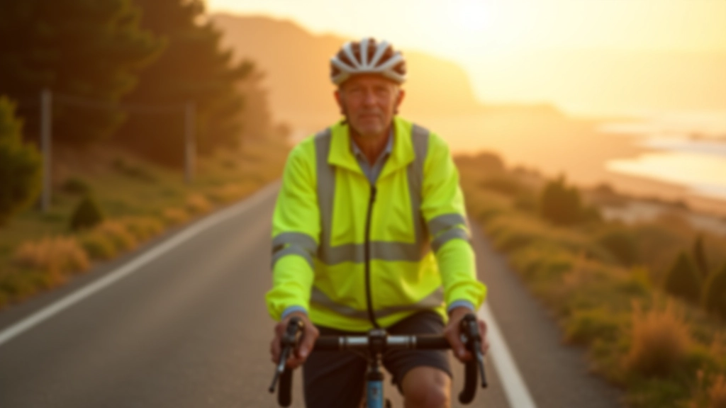 Senior cyclist wearing high-visibility yellow vest and safety lights during evening ride on coastal path