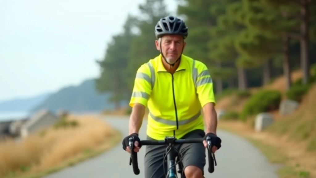 Cyclist in safety gear with helmet and reflective vest, checking bike before riding on coastal path