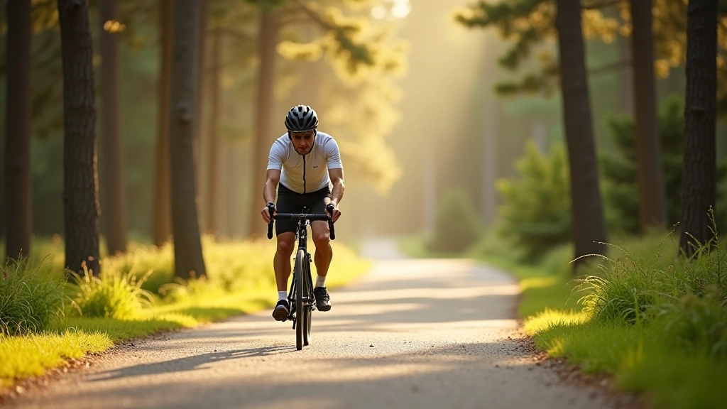 Cyclist on a wide flat path lined with pine trees, morning light filtering through forest