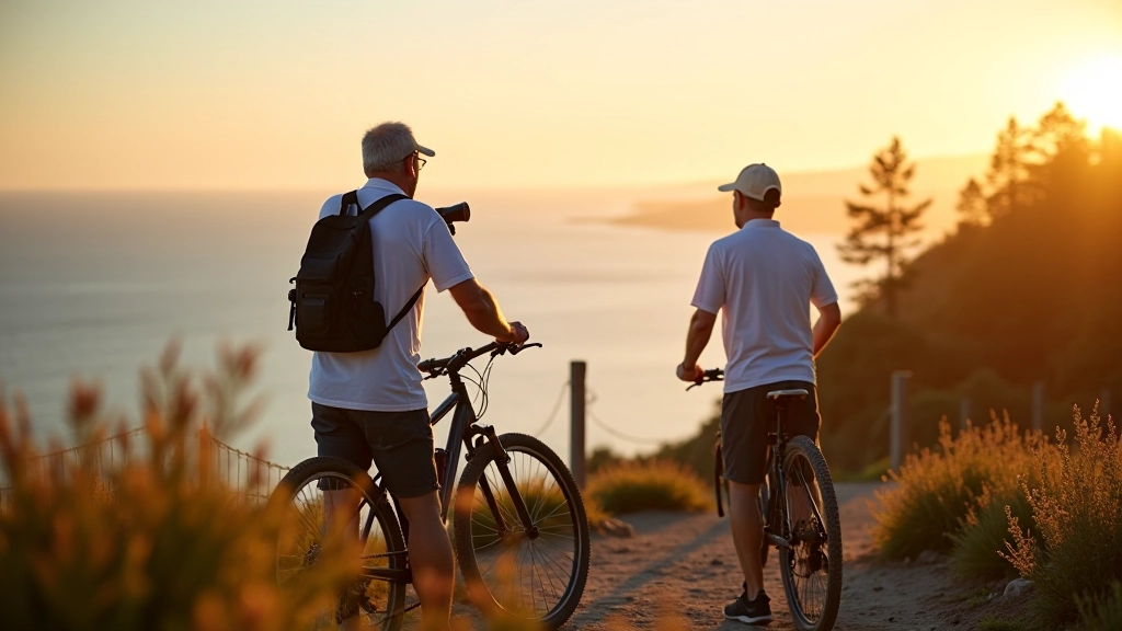 Cyclists with cameras on a scenic overlook point