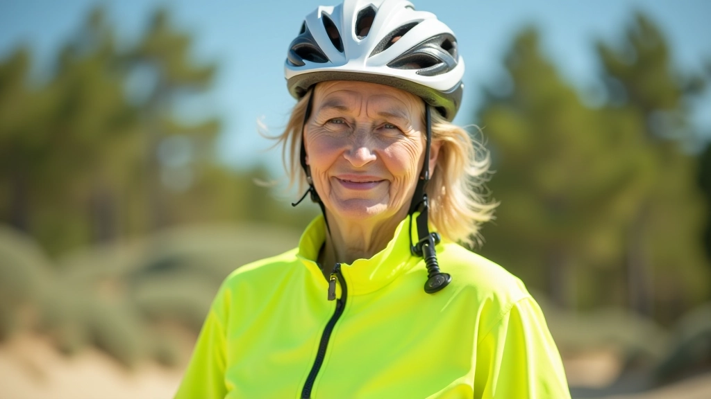 Senior cyclist wearing properly fitted helmet and reflective gear on sunny coastal path