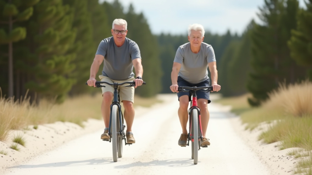 Cyclists riding together on a peaceful flat path through coastal pine forest
