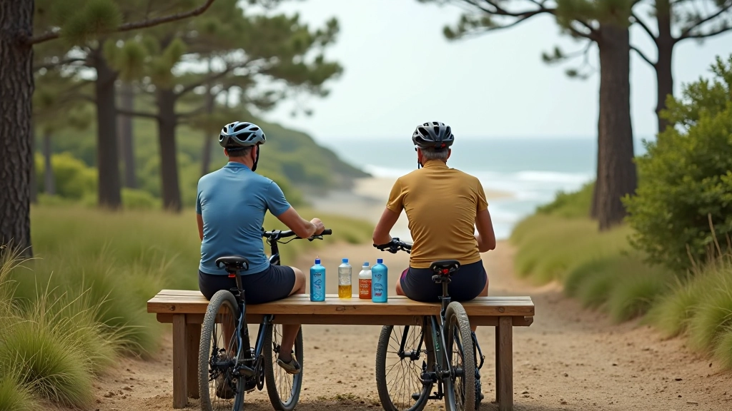 Group of cyclists taking break on bench near pine forest, refreshments and water bottles visible