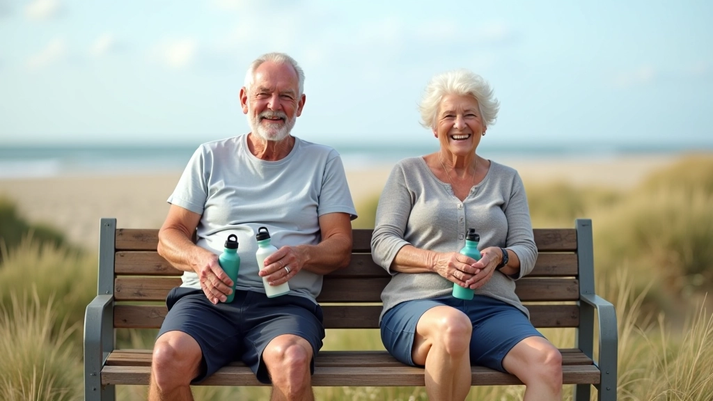 Group of older cyclists resting on bench with scenic dune and forest background, enjoying refreshments, relaxed atmosphere