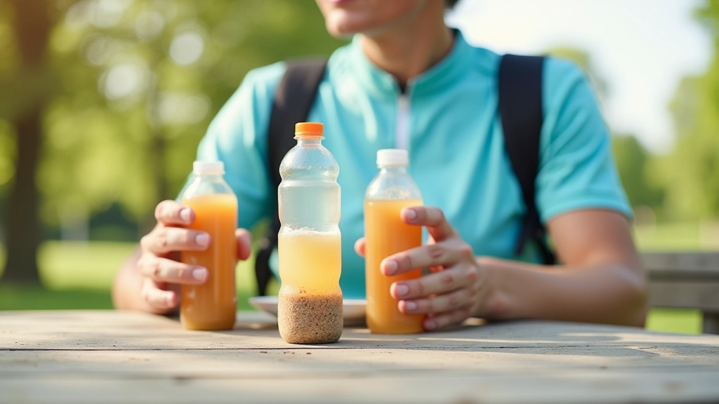 Water bottles and sports drinks on cycling gear, outdoor setting with sunlight