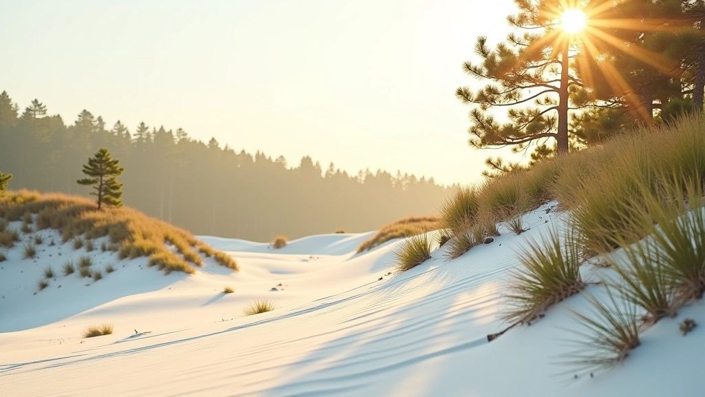 Close-up view of white sand dune with pine trees growing on slopes, coastal vegetation visible, golden afternoon light